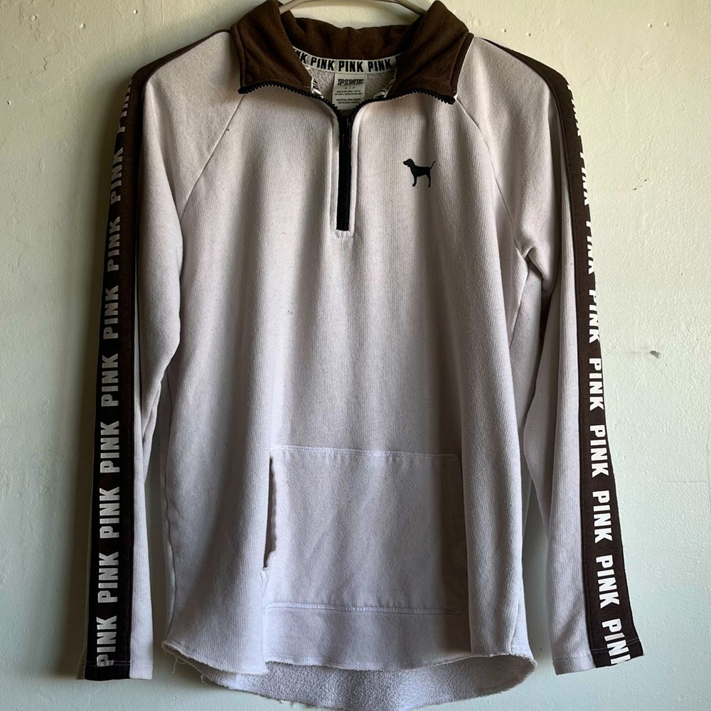 PINK, white with brown, turtleneck sweater. Size small